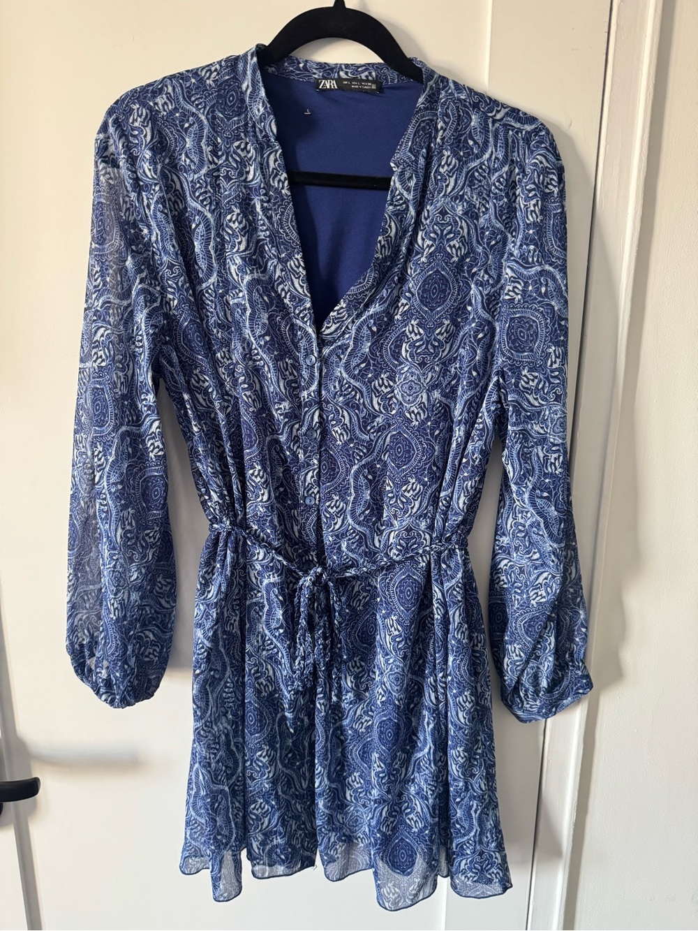 NWOT Zara Blue Paisley Long-Sleeve Tie-Waist Dress